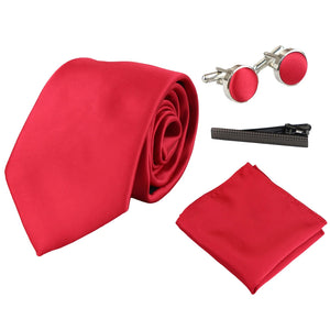 Satin Krawatte Geschenkset Einstecktuch Manschettenknöpfe Krawatte Glänzender - Rot - Paul Andrew - 13