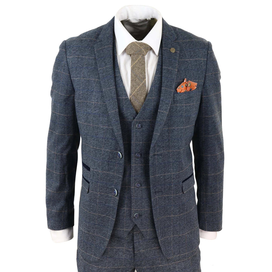 Herrenanzug 3 Teilig Blau Kariert Fischgräte Tweed Design Vintage Retro - Marc Darcy - 1