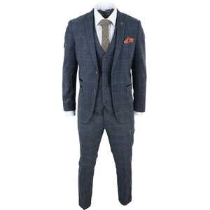 Herrenanzug 3 Teilig Blau Kariert Fischgräte Tweed Design Vintage Retro - Marc Darcy - 3