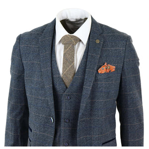 Herrenanzug 3 Teilig Blau Kariert Fischgräte Tweed Design Vintage Retro - Marc Darcy - 4