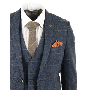Herrenanzug 3 Teilig Blau Kariert Fischgräte Tweed Design Vintage Retro - Marc Darcy - 7