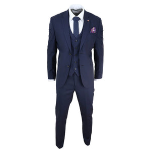 Herrenanzug 3 Teilig Marineblau Tailored Fit Klassisch retro Vintage Design - House of Cavani - 2