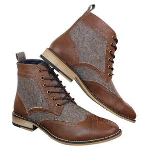 Sherlock - Mens Leather & Tweed Herringbone Ankle Boots - Brown - Dolcetto - 3