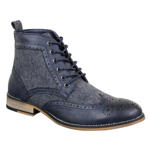 Sherlock - Mens Leather & Tweed Herringbone Ankle Boots - Navy - House of Cavani - 7
