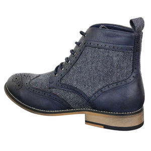 Sherlock - Mens Leather & Tweed Herringbone Ankle Boots - Navy - House of Cavani - 9