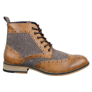 Sherlock - Mens Leather & Tweed Herringbone Ankle Boots - Tan - Dolcetto - 11