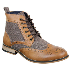 Sherlock - Mens Leather & Tweed Herringbone Ankle Boots - Tan - Dolcetto - 12