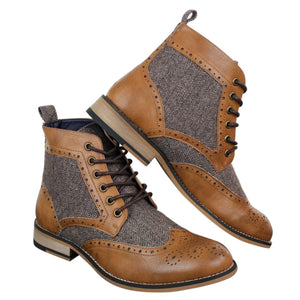 Sherlock - Mens Leather & Tweed Herringbone Ankle Boots - Tan - Dolcetto - 13