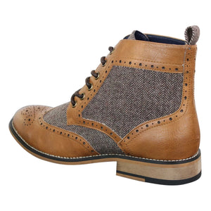 Sherlock - Mens Leather & Tweed Herringbone Ankle Boots - Tan - Dolcetto - 14