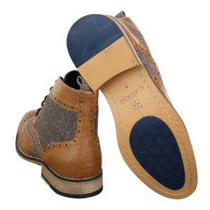 Sherlock - Mens Leather & Tweed Herringbone Ankle Boots - Tan - Dolcetto - 15