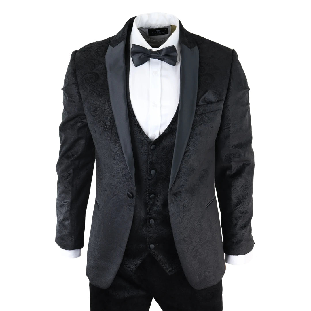 Simon - Men's Marc Darcy Velvet Paisley Black Fit 3 Piece Suit Tuxedo Wedding - Marc Darcy - 1