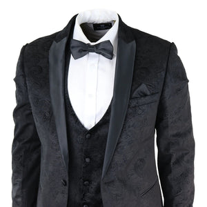 Simon - Men's Marc Darcy Velvet Paisley Black Fit 3 Piece Suit Tuxedo Wedding - Marc Darcy - 3