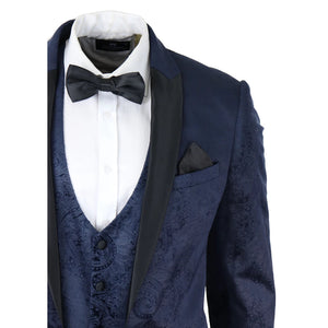 Simon - Men's Marc Darcy Velvet Paisley Blue Fit 3 Piece Suit Tuxedo Wedding - Marc Darcy - 5