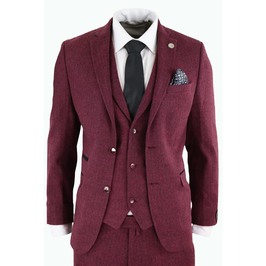 STZ11 - Men's Wool 3 Piece Suit Tweed Burgundy Black Classic - TruClothing.com - 1