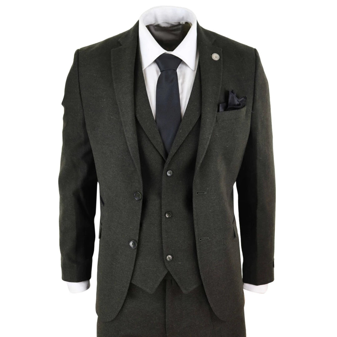 STZ11 - Men's Wool 3 Piece Suit Tweed Olive Green Black Classic - TruClothing.com - 1