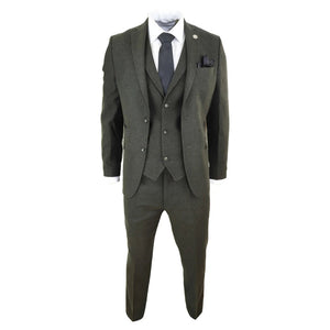 STZ11 - Men's Wool 3 Piece Suit Tweed Olive Green Black Classic - TruClothing.com - 2