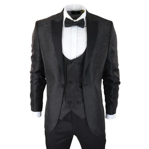 Giacca e Gilet da Smoking da Uomo Motivo Paisley Nero Satinato - TruClothing.com - 1