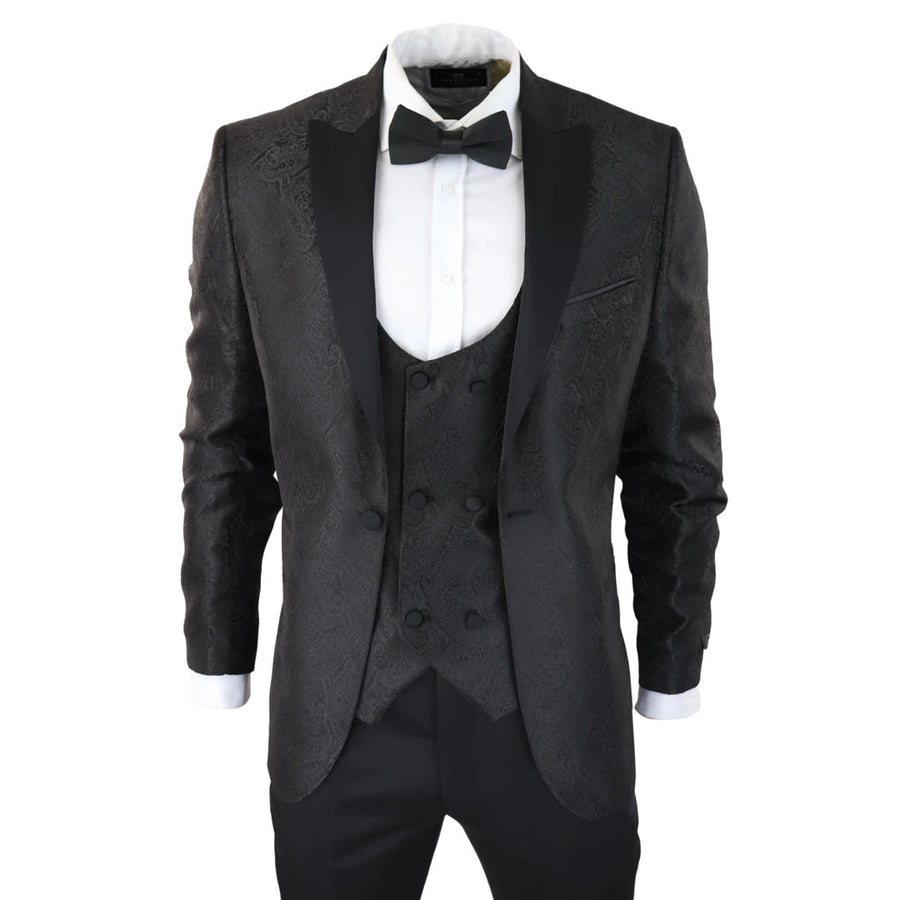 STZ62 - Męska marynarka smokingowa i kamizelka w czarną paisley satynowa - TruClothing.com - 1