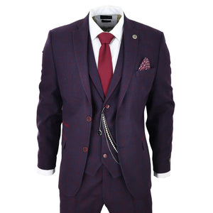 Herren 3 Teilig Anzug Wolle Tweed Pflaume Wein Karo 1920s Gatsby Formal Anzüge - TruClothing.com - 1
