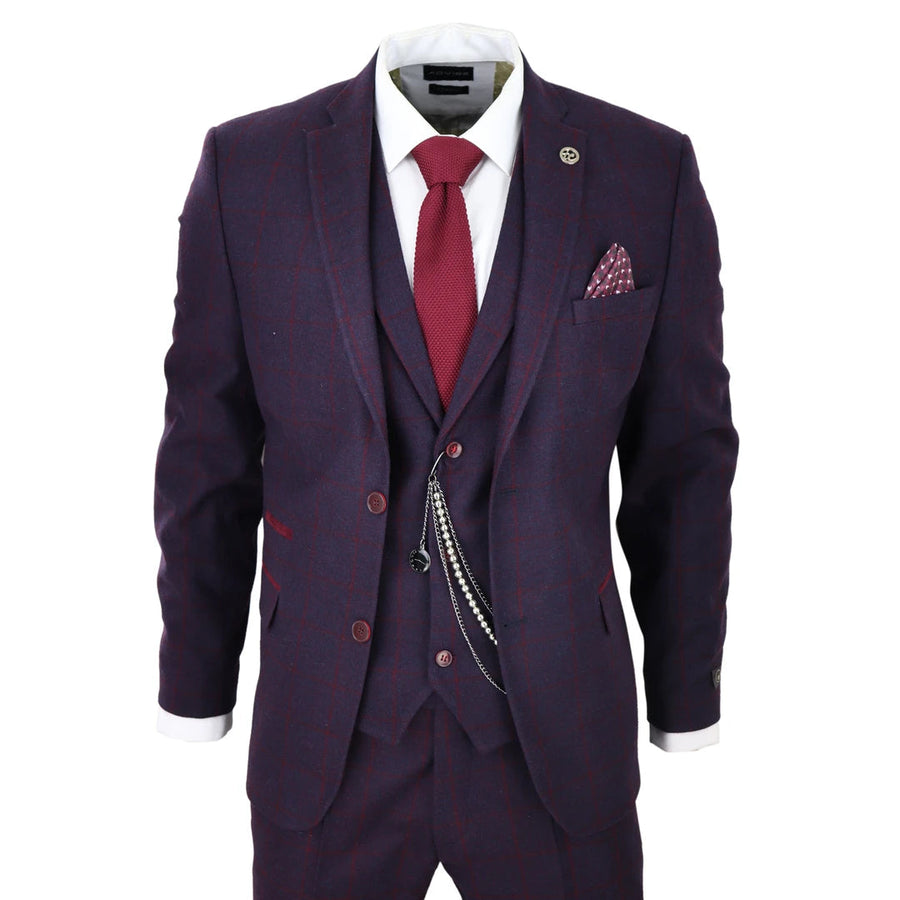 STZ70 - Men's 3 Piece Suit Wool Tweed Plum Wine Check 1920s Gatsby Formal Dress Suits - TruClothing.com - 1