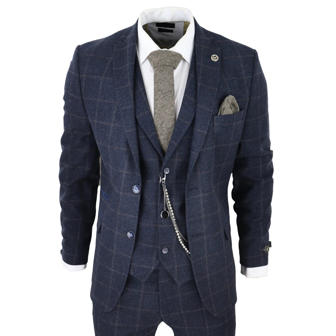 STZ72 - Men's 3 Piece Suit Wool Tweed Navy Blue Brown Check 1920s Gatsby Formal Dress Suits - TruClothing.com - 1