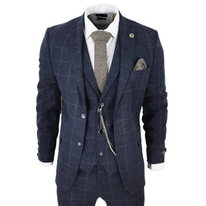 STZ72 - Men's 3 Piece Suit Wool Tweed Navy Blue Brown Check 1920s Gatsby Formal Dress Suits - TruClothing.com - 1