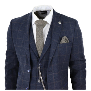 STZ72 - Men's 3 Piece Suit Wool Tweed Navy Blue Brown Check 1920s Gatsby Formal Dress Suits - TruClothing.com - 4