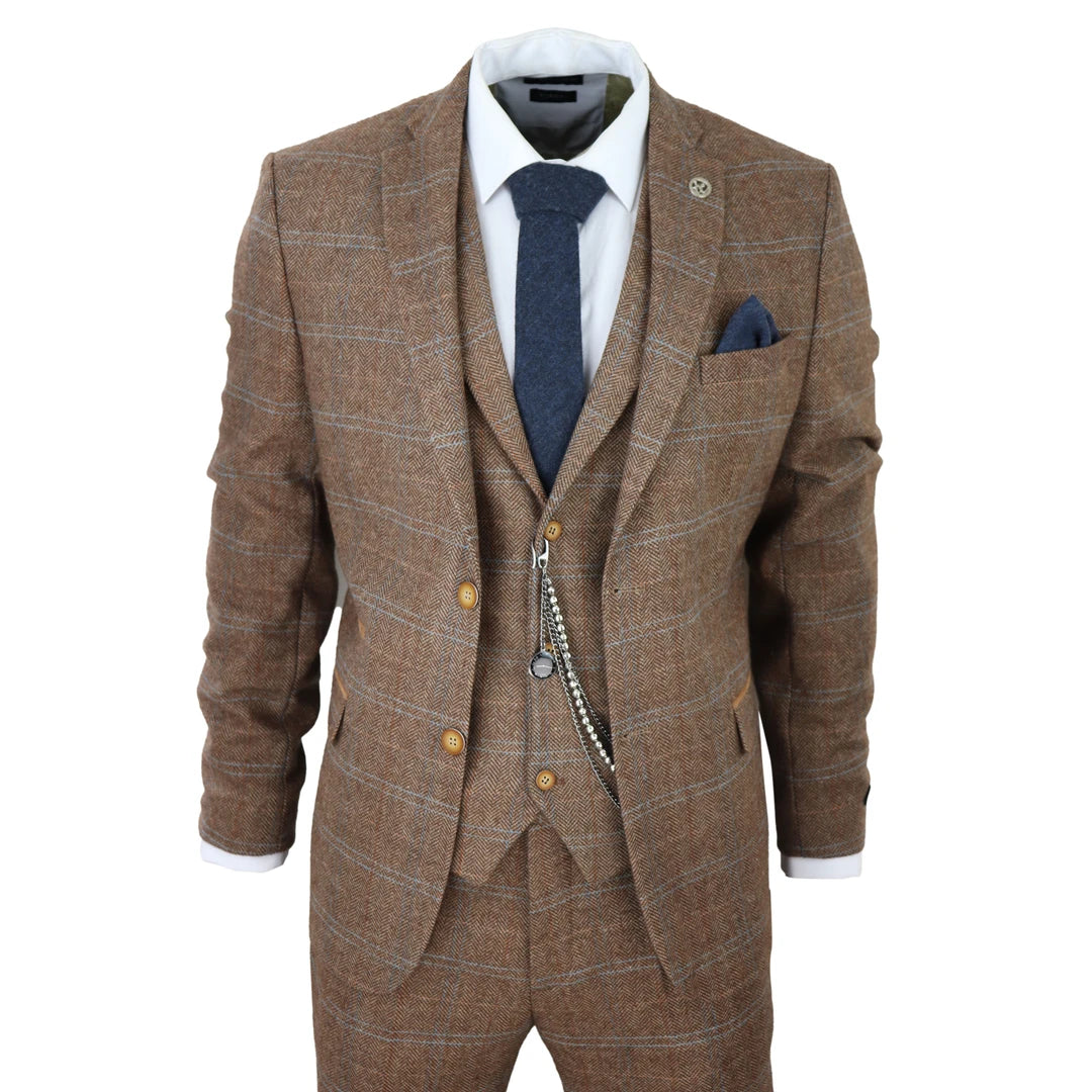 STZ73 - Men's 3 Piece Suit Wool Tweed Herringbone Tan Brown Blue Check 1920s Gatsby Formal Dress Suits - TruClothing.com - 1