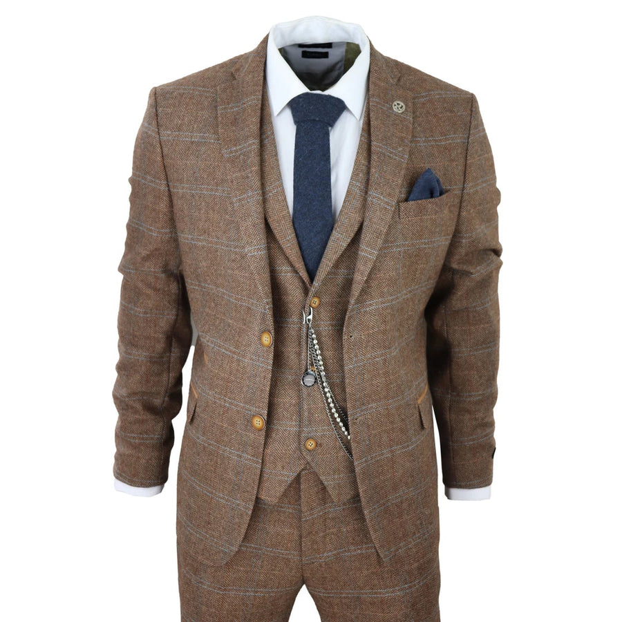 STZ73 - Men's 3 Piece Suit Wool Tweed Herringbone Tan Brown Blue Check 1920s Gatsby Formal Dress Suits - TruClothing.com - 1