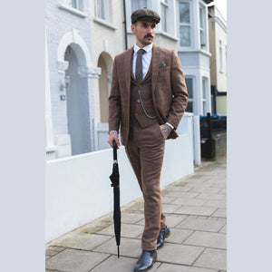 STZ73 - Men's 3 Piece Suit Wool Tweed Herringbone Tan Brown Blue Check 1920s Gatsby Formal Dress Suits - TruClothing.com - 2