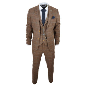STZ73 - Men's 3 Piece Suit Wool Tweed Herringbone Tan Brown Blue Check 1920s Gatsby Formal Dress Suits - TruClothing.com - 3