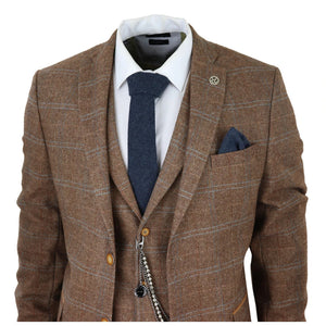 STZ73 - Men's 3 Piece Suit Wool Tweed Herringbone Tan Brown Blue Check 1920s Gatsby Formal Dress Suits - TruClothing.com - 4