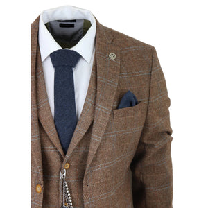 STZ73 - Men's 3 Piece Suit Wool Tweed Herringbone Tan Brown Blue Check 1920s Gatsby Formal Dress Suits - TruClothing.com - 5