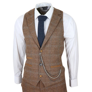 STZ73 - Men's 3 Piece Suit Wool Tweed Herringbone Tan Brown Blue Check 1920s Gatsby Formal Dress Suits - TruClothing.com - 6