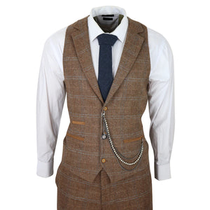 STZ73 - Men's 3 Piece Suit Wool Tweed Herringbone Tan Brown Blue Check 1920s Gatsby Formal Dress Suits - TruClothing.com - 7