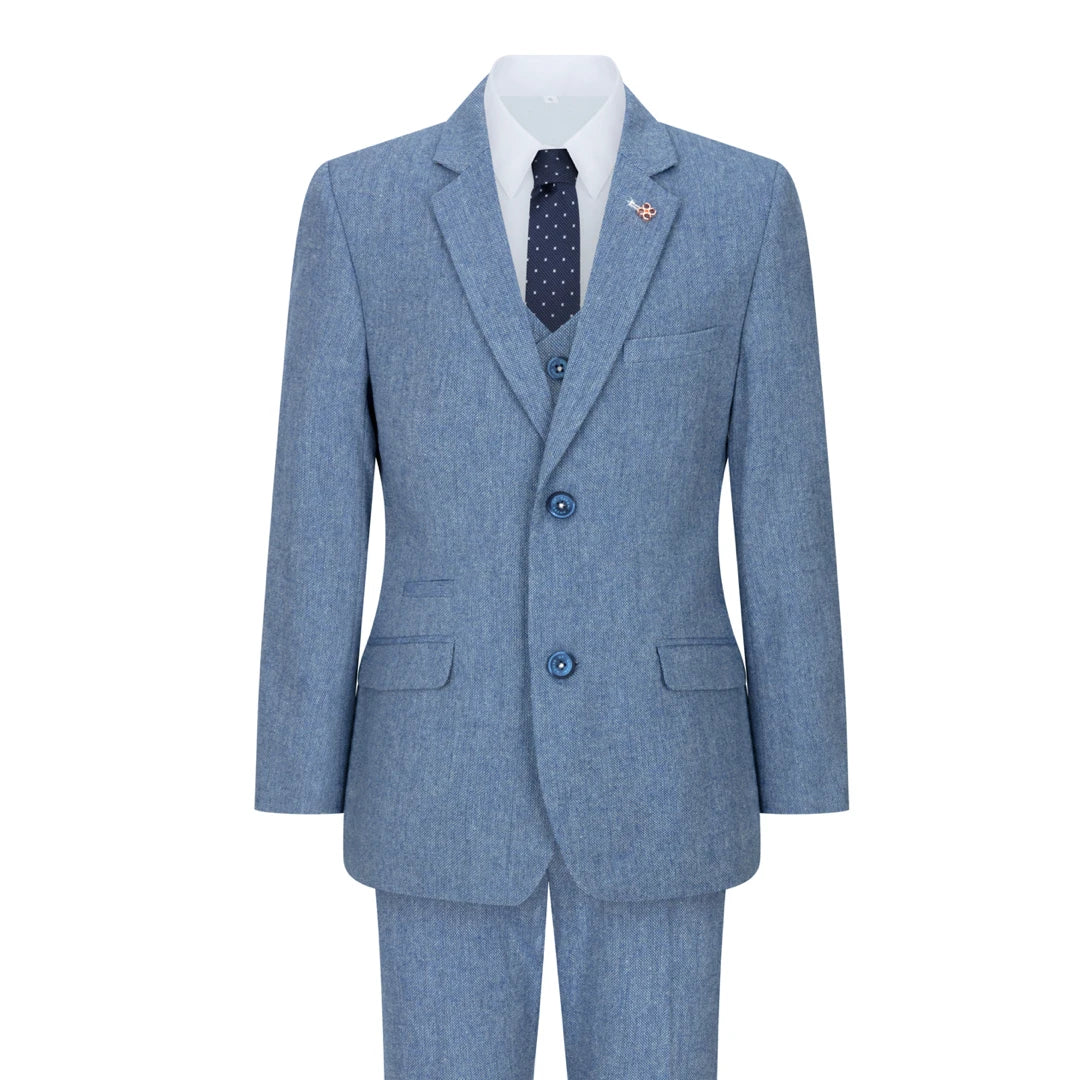 Wells - Boys 3 Piece Wool Suit Light Blue Tweed 1920s Classic 4 Pocket Waistcoat - House of Cavani - 1