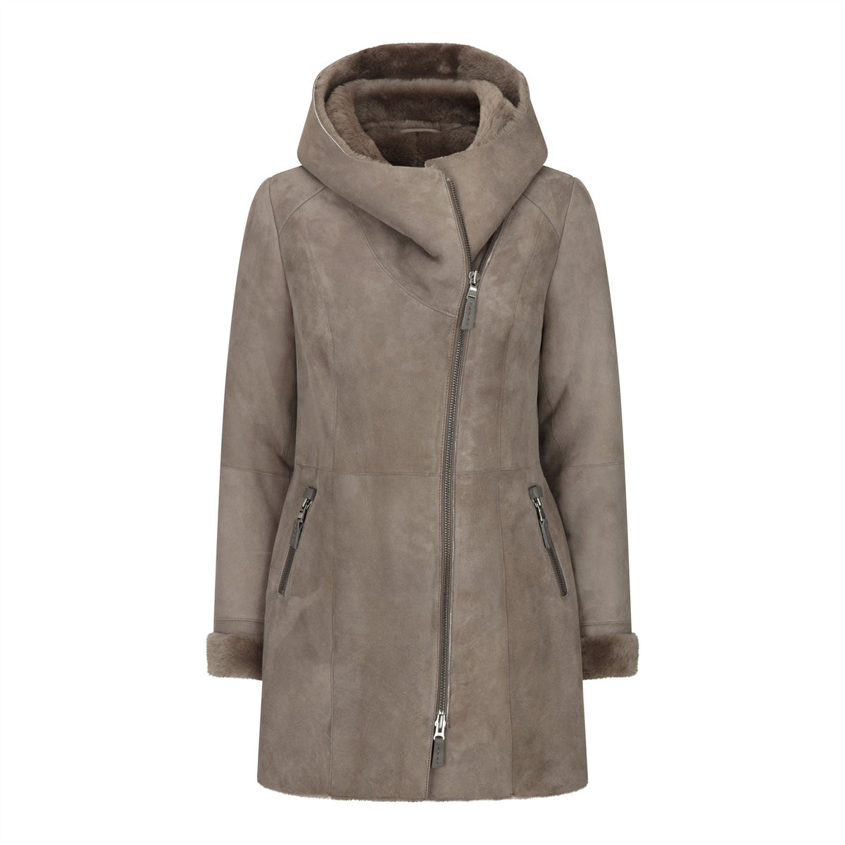 Women's 3/4 Mid Length Sheepskin Beige Toscana Suede Hood Coat - Infinity Leather - 1