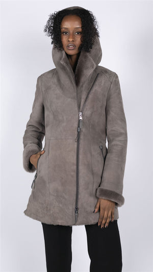 Women's 3/4 Mid Length Sheepskin Beige Toscana Suede Hood Coat - Infinity Leather - 2