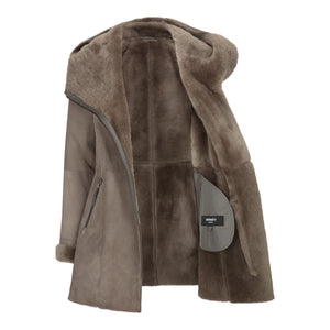Women's 3/4 Mid Length Sheepskin Beige Toscana Suede Hood Coat - Infinity Leather - 3