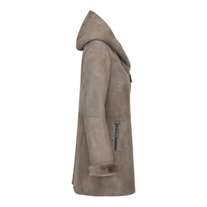 Women's 3/4 Mid Length Sheepskin Beige Toscana Suede Hood Coat - Infinity Leather - 4