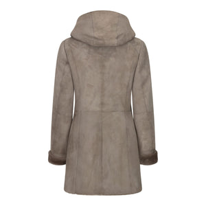 Women's 3/4 Mid Length Sheepskin Beige Toscana Suede Hood Coat - Infinity Leather - 6