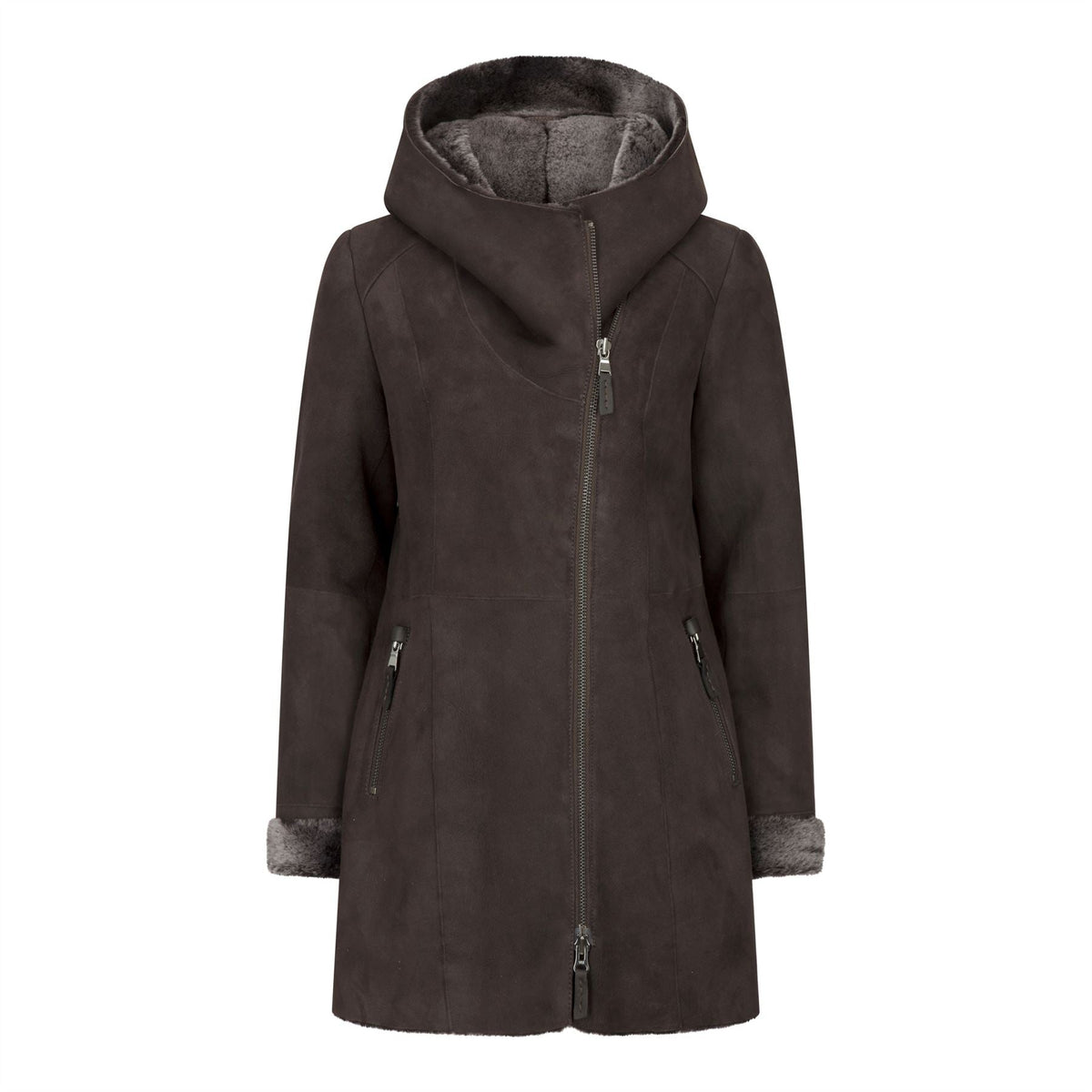 Women's 3/4 Mid Length Sheepskin Brown Toscana Suede Hood Coat - Infinity Leather - 1