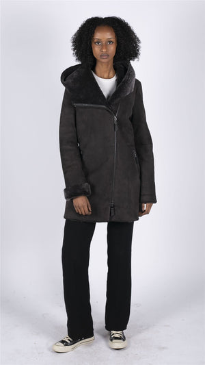 Women's 3/4 Mid Length Sheepskin Brown Toscana Suede Hood Coat - Infinity Leather - 2
