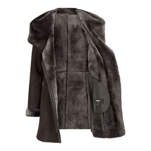 Women's 3/4 Mid Length Sheepskin Brown Toscana Suede Hood Coat - Infinity Leather - 3