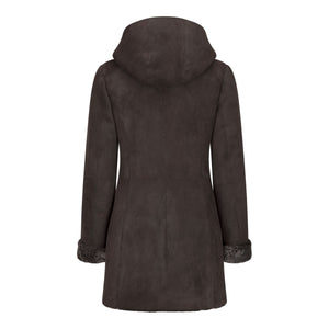 Women's 3/4 Mid Length Sheepskin Brown Toscana Suede Hood Coat - Infinity Leather - 6