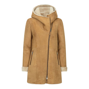 Women's 3/4 Mid Length Sheepskin Camel Cream Toscana Suede Hood Coat - Infinity Leather - 1