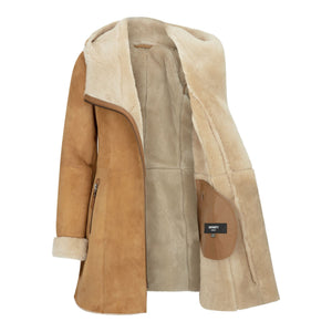 Women's 3/4 Mid Length Sheepskin Camel Cream Toscana Suede Hood Coat - Infinity Leather - 3