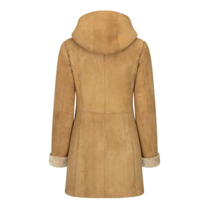 Women's 3/4 Mid Length Sheepskin Camel Cream Toscana Suede Hood Coat - Infinity Leather - 6