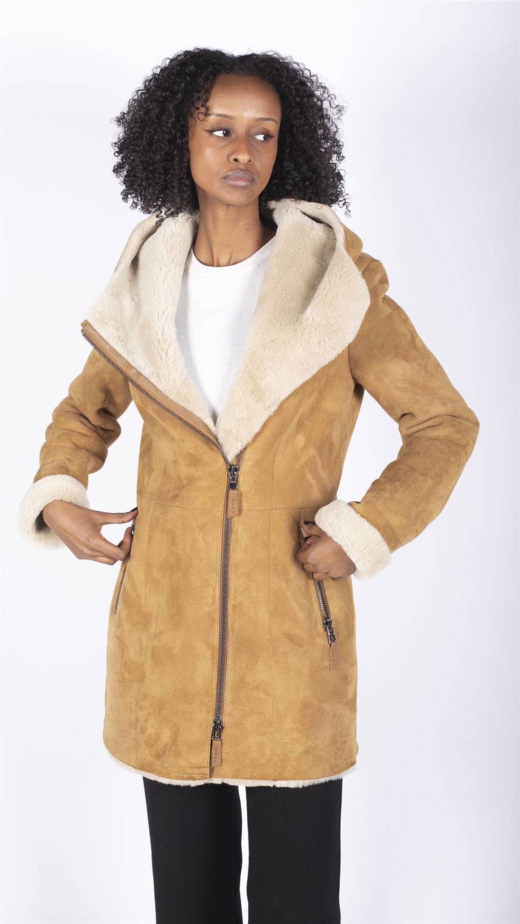 Womens 3/4 Mid Length Real Sheepskin Camel Cream Vintage Toscana Suede Hood Coat-TruClothing