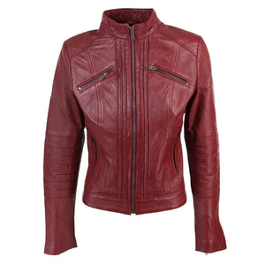Women's Biker Jacket Leather Zipped Fit Nehru Collar - Burgundy - Infinity Leather - 5